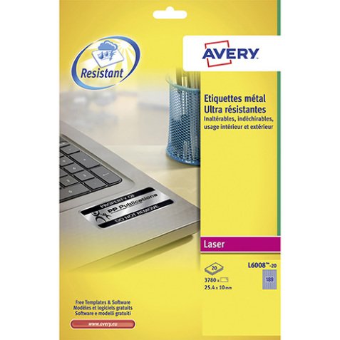 Pack 3780 äußerst starke Etikette Avery L 6008 25,4 x 10 mm metallgrau für Laserdrucker