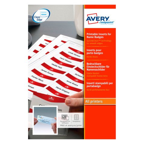 Boîte de 180 inserts microperforés Avery L7418 pour badge 30 x 65 mm