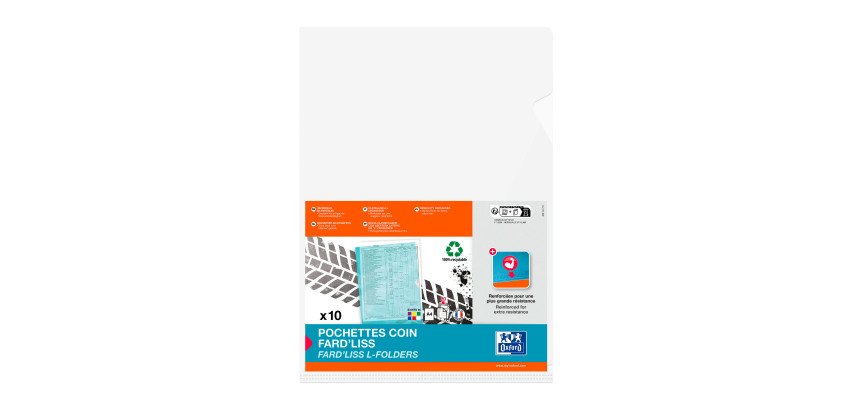Chemises coin plastique OXFORD Fard'Liss A4 PVC 20/100e transparente incolore - Paquet de 10