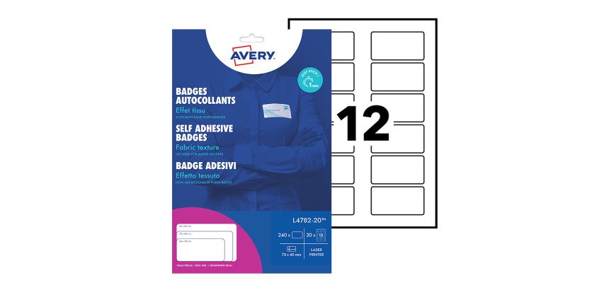 Badge adhésif laser Avery 40 x 75 mm blanc - Boîte de 240