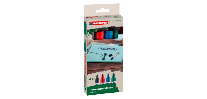 Marqueur permanent Edding E21 rechargeables pointe ogive de 1,5 à 3 couleurs assorties - Pochette de 4