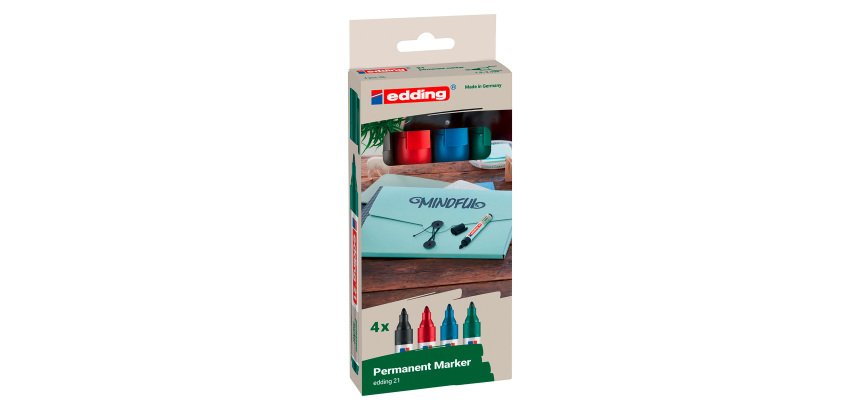 Permanente markers navulbaar Ecoline Edding E21 - hoesje met 4 geassorteerde kleuren