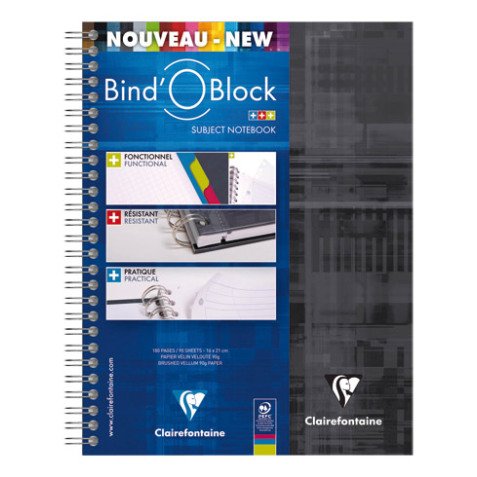 Cahier spirales Clairefontaine Bind'o block A5+ 16 x 21 cm perforé - petits carreaux - 180 pages