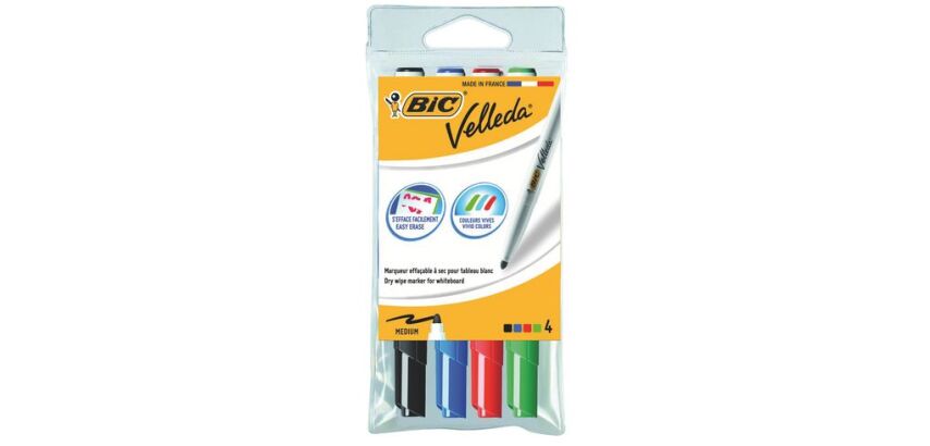 Marqueur effaçable Bic Velleda 1741 pointe ogive 2 mm - Pochette de 4 couleurs assorties