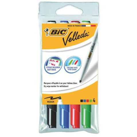 Marqueur effaçable Bic Velleda 1741 pointe ogive 2 mm - Pochette de 4 couleurs