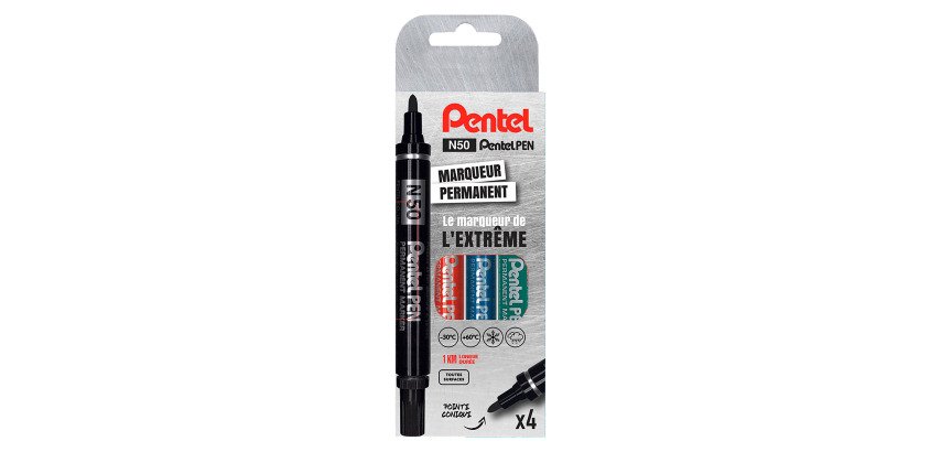Marqueur permanent Pentel N50 pointe ogive 4,3 mm - Pochette de 4 couleurs assorties