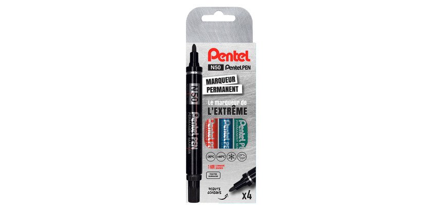 Marqueur permanent Pentel N50 pointe ogive 4,3 mm - Pochette de 4 couleurs assorties