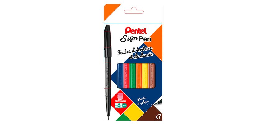 Stylo feutre Pentel Sign Pen écriture moyenne - Pochette de 7 couleurs fun