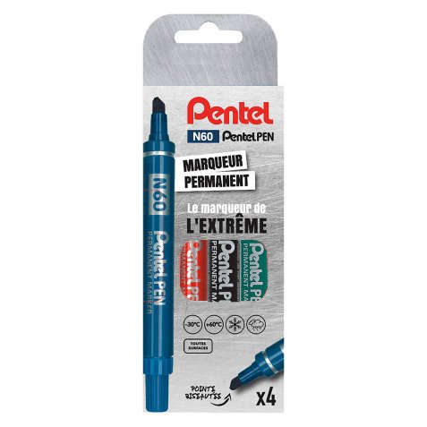 Marqueur permanent Pentel N60 pointe biseautée de 3,9 à 5,7 mm - Pochette de 4 couleurs assorties