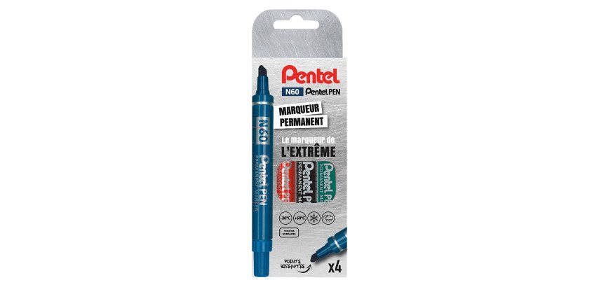 Marqueur permanent Pentel N60 pointe biseautée de 3,9 à 5,7 mm - Pochette de 4 couleurs assorties