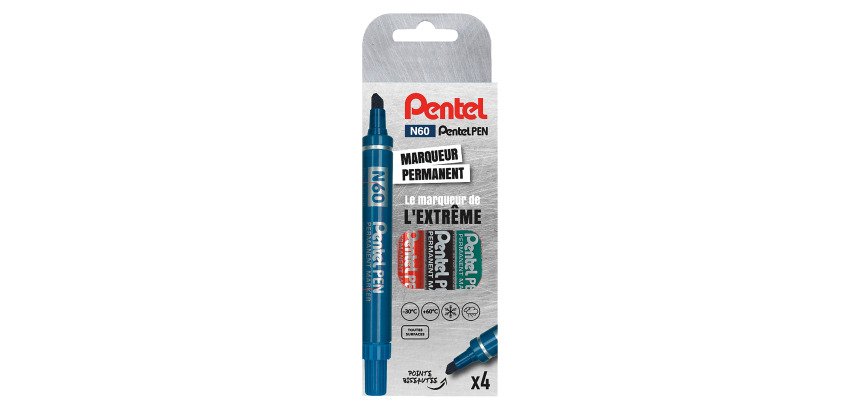 Marqueur permanent Pentel N60 pointe biseautée de 3,9 à 5,7 mm - Pochette de 4 couleurs assorties