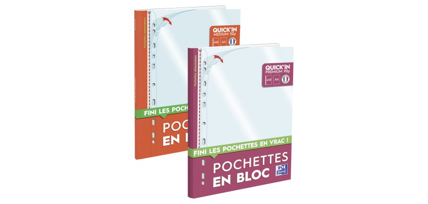 Pack de 1 bloc de 60 pochettes perforées Quick'in OXFORD 5/100e + 1 bloc de 40 pochettes perforées 9/100e OFFERT