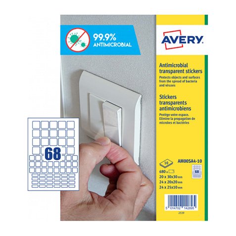 Etiquetas Avery adhesivas antibacterianas de poliéster transparente Cuadradas Mixtas 