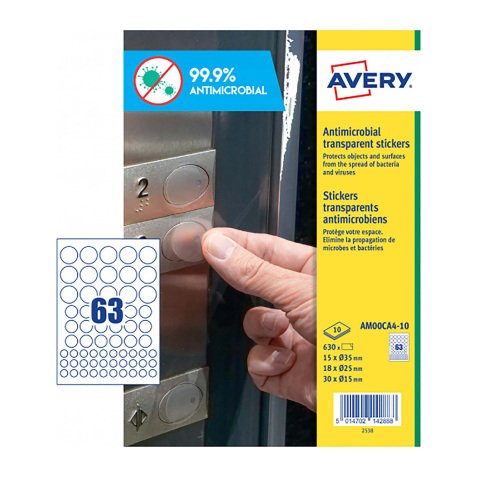 Etiquetas Avery adhesivas antibacterianas de poliéster transparente Redondas Mixtas 