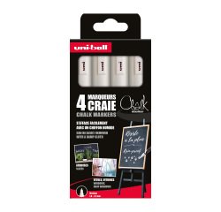 Rotulador borrable tiza Uni Ball Chalk, punta biselada 1,8 a 2,5 mm blanco - Paquete de 4