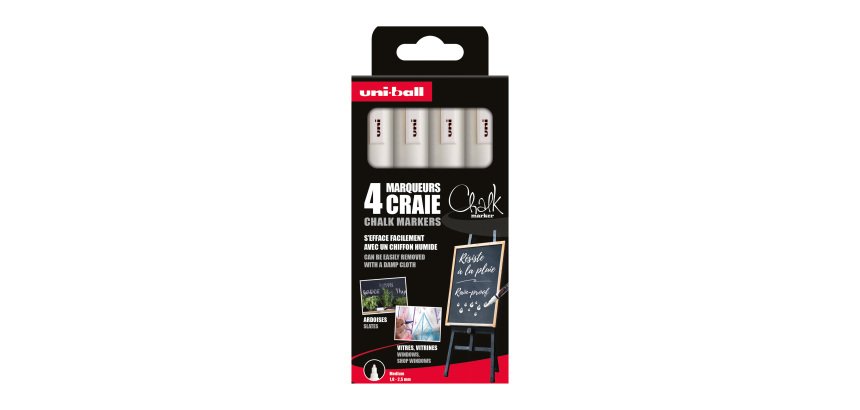 Marqueur craie Uni Ball Chalk blanc pointe ogive moyenne 1,8 mm - Pochette de 4