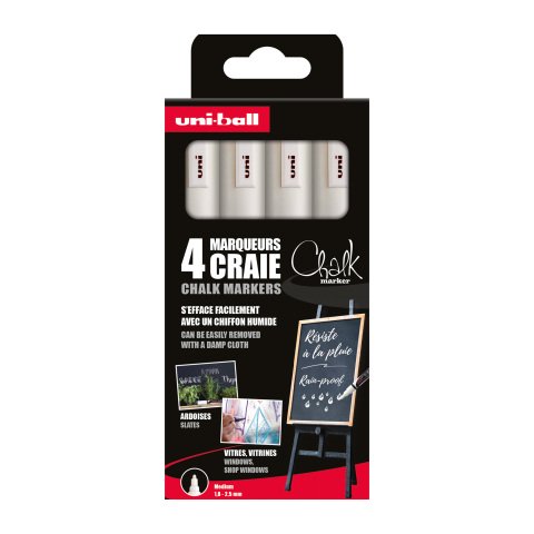 Rotulador borrable tiza Uni Ball Chalk, punta biselada 1,8 a 2,5 mm blanco - Paquete de 4