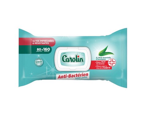Lingettes nettoyantes extra-larges Carolin anti-bactérien - Eucalyptus - Paquet de 80
