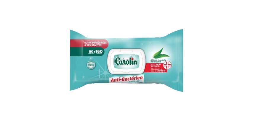 Lingettes nettoyantes extra-larges Carolin anti-bactérien - Eucalyptus - Paquet de 80
