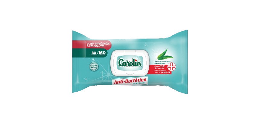 Lingettes nettoyantes extra-larges Carolin anti-bactérien - Eucalyptus - Paquet de 80