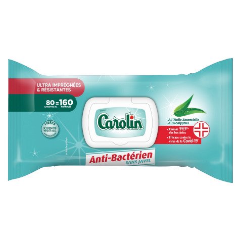 Lingettes nettoyantes extra-larges Carolin anti-bactérien - Eucalyptus - Paquet de 80