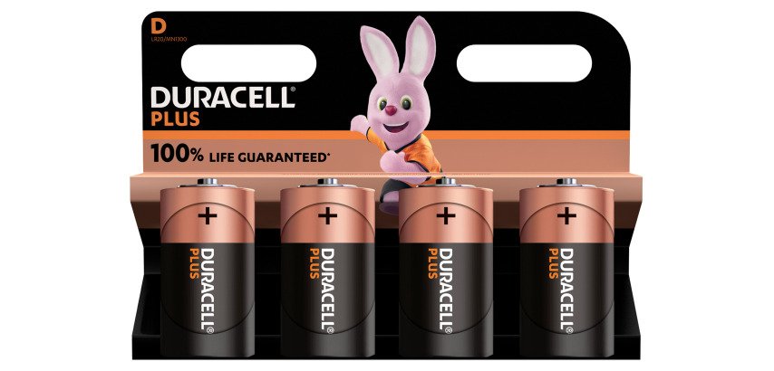Pile alcaline D - LR20 Duracell Plus 1,5V - Blister de 4 piles