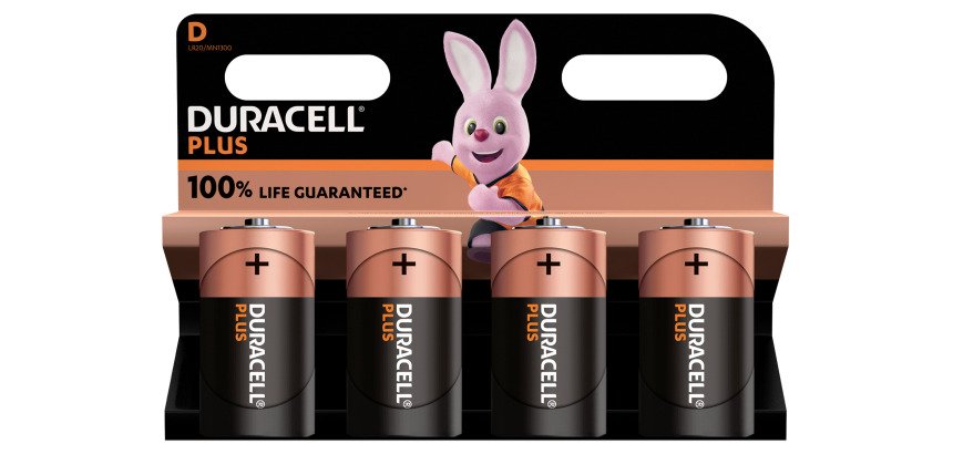 Pile alcaline D - LR20 Duracell Plus 1,5V - Blister de 4 piles