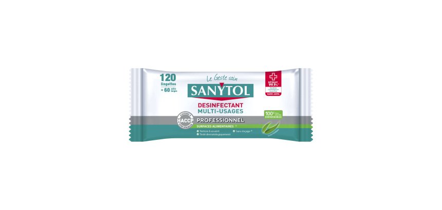 Lingettes nettoyantes désinfectantes surfaces Sanytol - Paquet de 120