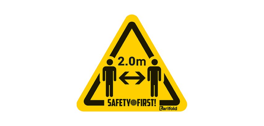 Señal adhesiva Safety First "Guarda una distancia de 2 metros" 150 x 170 mm - bolsa de 4 triangulos