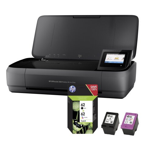 Inkjetprinter 3-in-1 draagbaar HP Officejet 250 +  pack HP 62 zwart +  hP 62 3 kleuren