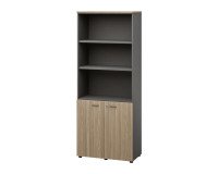 Bibliotheekkast hoog Opale L86 x H216 cm behuizing in antraciet en lage klapdeuren in essenhout