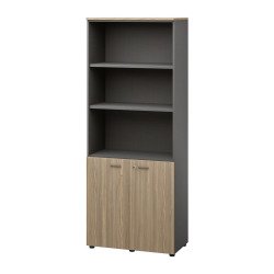 Bibliotheekkast hoog Opale L86 x H216 cm behuizing in antraciet en lage klapdeuren in essenhout