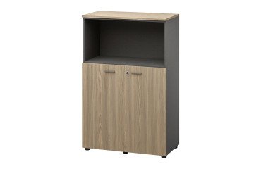 Halfhoge boekenkast Opale l86 x h133 cm behuizing in antraciet - lage deuren in essenhout