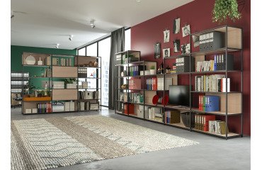 Doe modular bookcase, 90 x 44 cm, 4 shelves in two-material metal and melamine, with 2 end sides