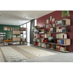 Doe modular bookcase, 90 x 44 cm, 4 shelves in two-material metal and melamine, with 2 end sides