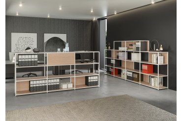 Doe modular bookcase, 90 x 44 cm, 4 shelves in two-material metal and melamine, with 2 end sides
