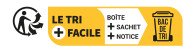L'Info-tri permet de mieux trier les produits et emballages, grâce à une indication claire et précise sur l'endroit où les déposer (bac de tri, déchèterie, point de collecte, magasin…).