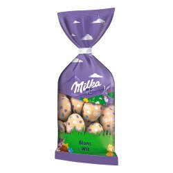 Milka oeufs de Pâques en chocolat blanc - sachet de 12/13 pièces