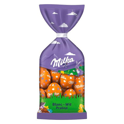 Milka œufs de Pâques en chocolat blanc praliné - Sachet de 100 g