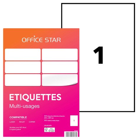 Etiquette multi-usages 210 x 297 mm Avery Office Star blanche - Boîte de 100