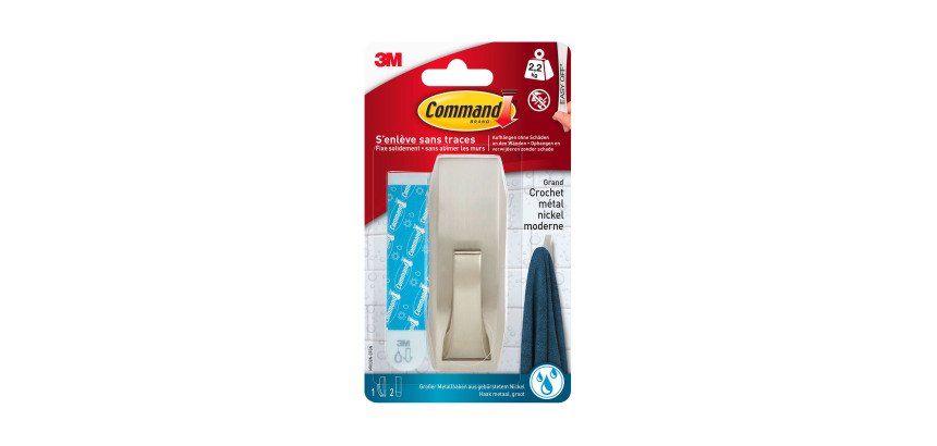 Crochet adhésif métal gris Command 3M jusqu'à 2,2 kg