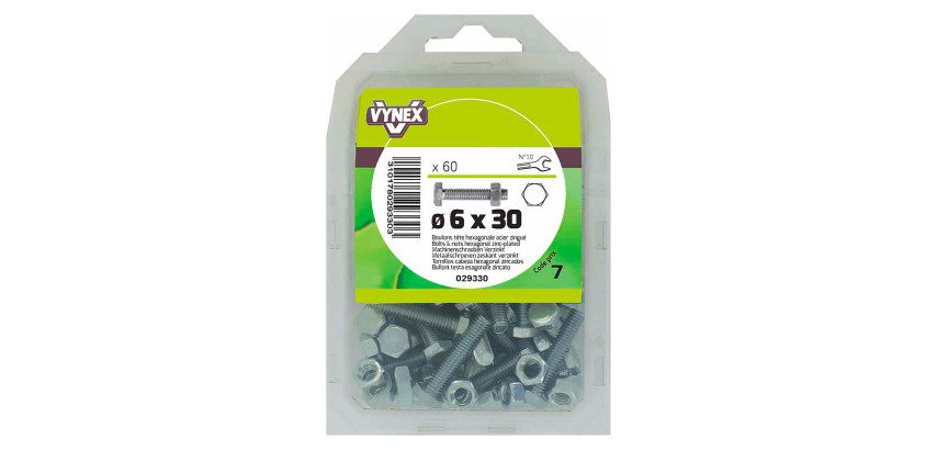 Boulon tête hexagonale acier zingué Ø 6 x L 30 mm - Paquet de 60