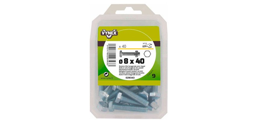 Boulon tête hexagonale acier zingué Ø 8 x L 40 mm - Paquet de 40