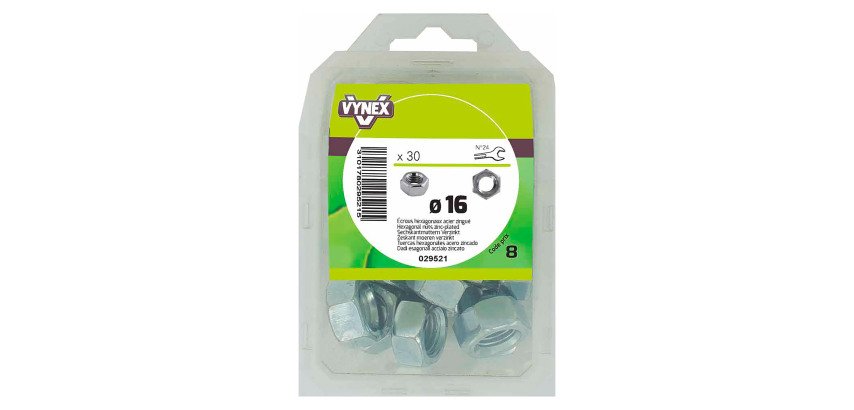 Écrou hexagonal acier zingué Ø 16 mm - Paquet de 30