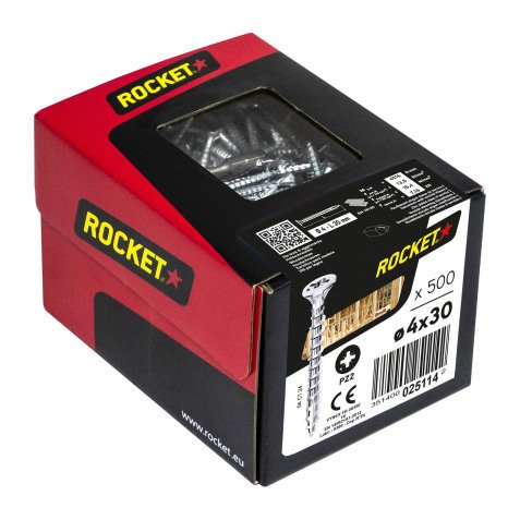 Vis Rocket tête fraisée pozi acier zingué, filetage complet Ø 4 x L 30 mm - Boîte de 500