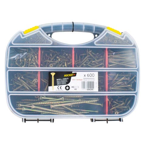 Vis à bois Rocket tête fraisée Pozidriv acier bichromaté - Mallette de 600