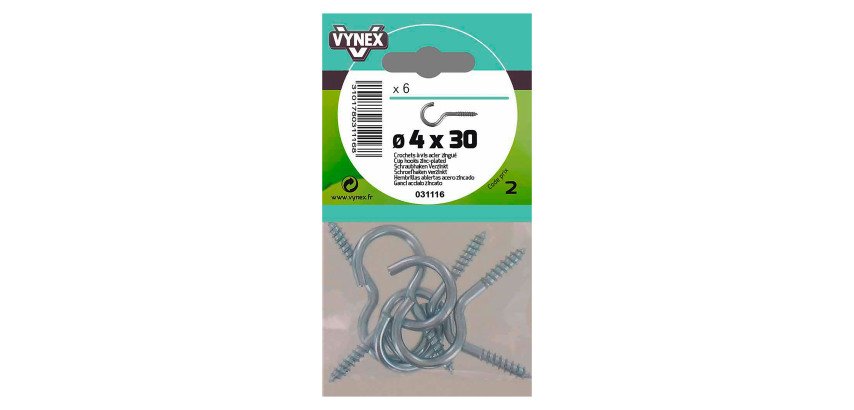 Crochet à vis acier zingué Ø 4 x L 30 mm - Sachet de 6
