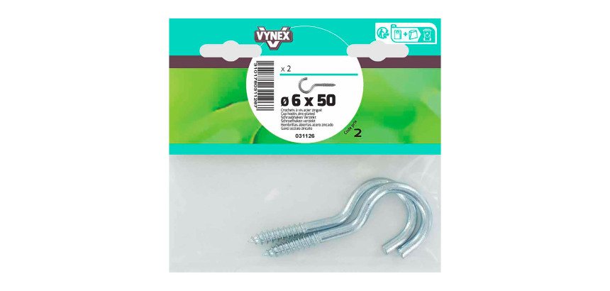Crochet à vis acier zingué Ø 6 x L 50 mm - Sachet de 2