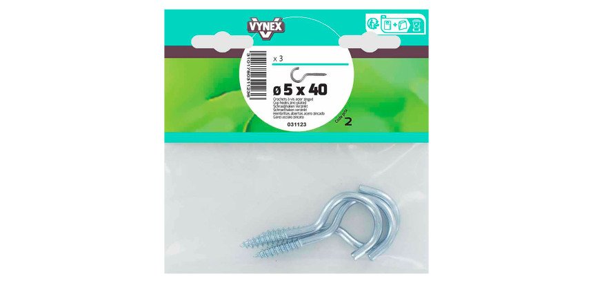 Crochet à vis acier zingué Ø 5 x L 40 mm - Sachet de 3