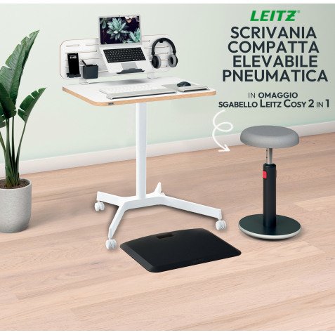 Scrivania compatta pneumatica Leitz Sit-Stand colore bianco + sgabello Leitz Ergo Cosy 2 in 1 grigio incluso